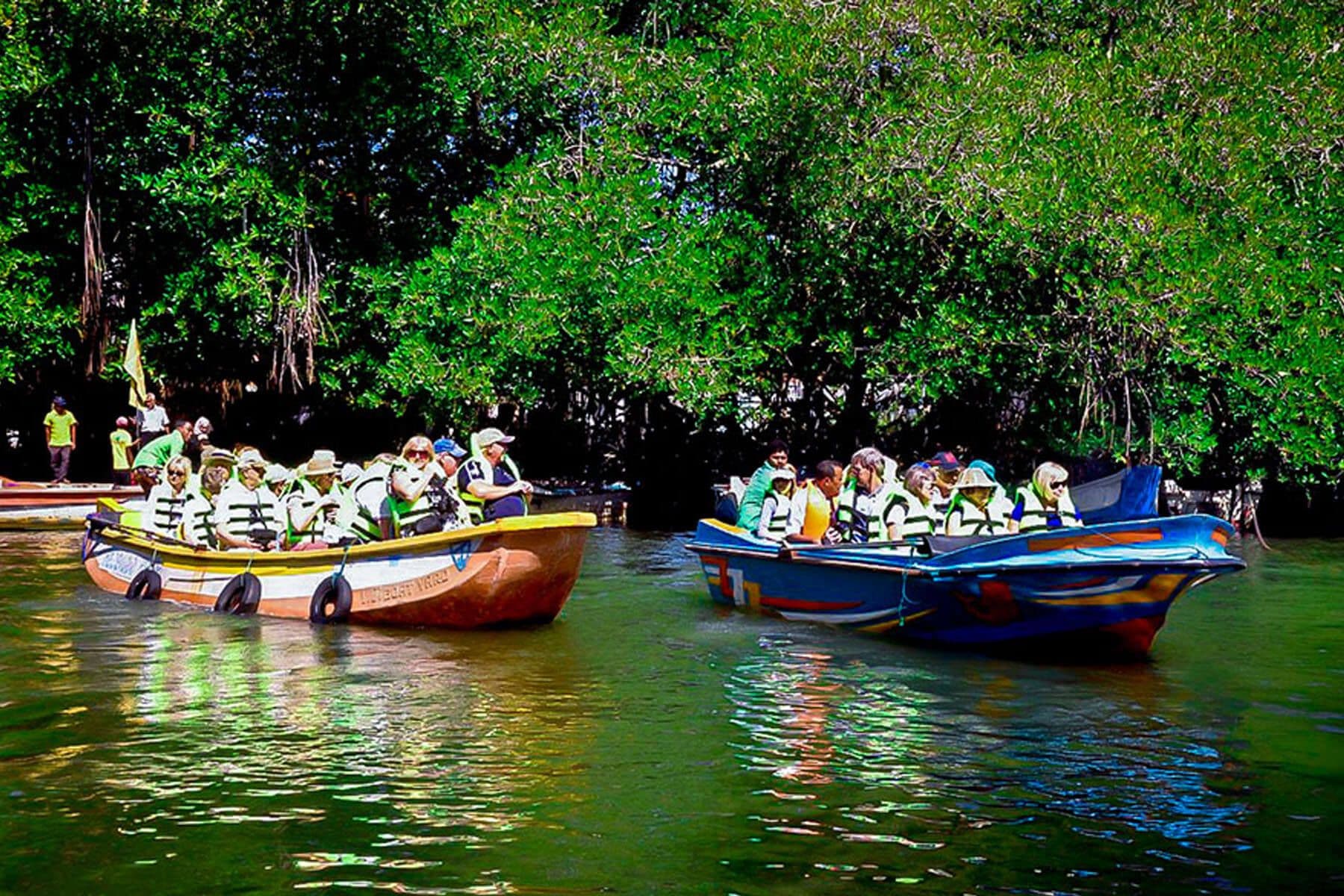 准备前往本托塔河游船野生动物园的两艘船的照片
