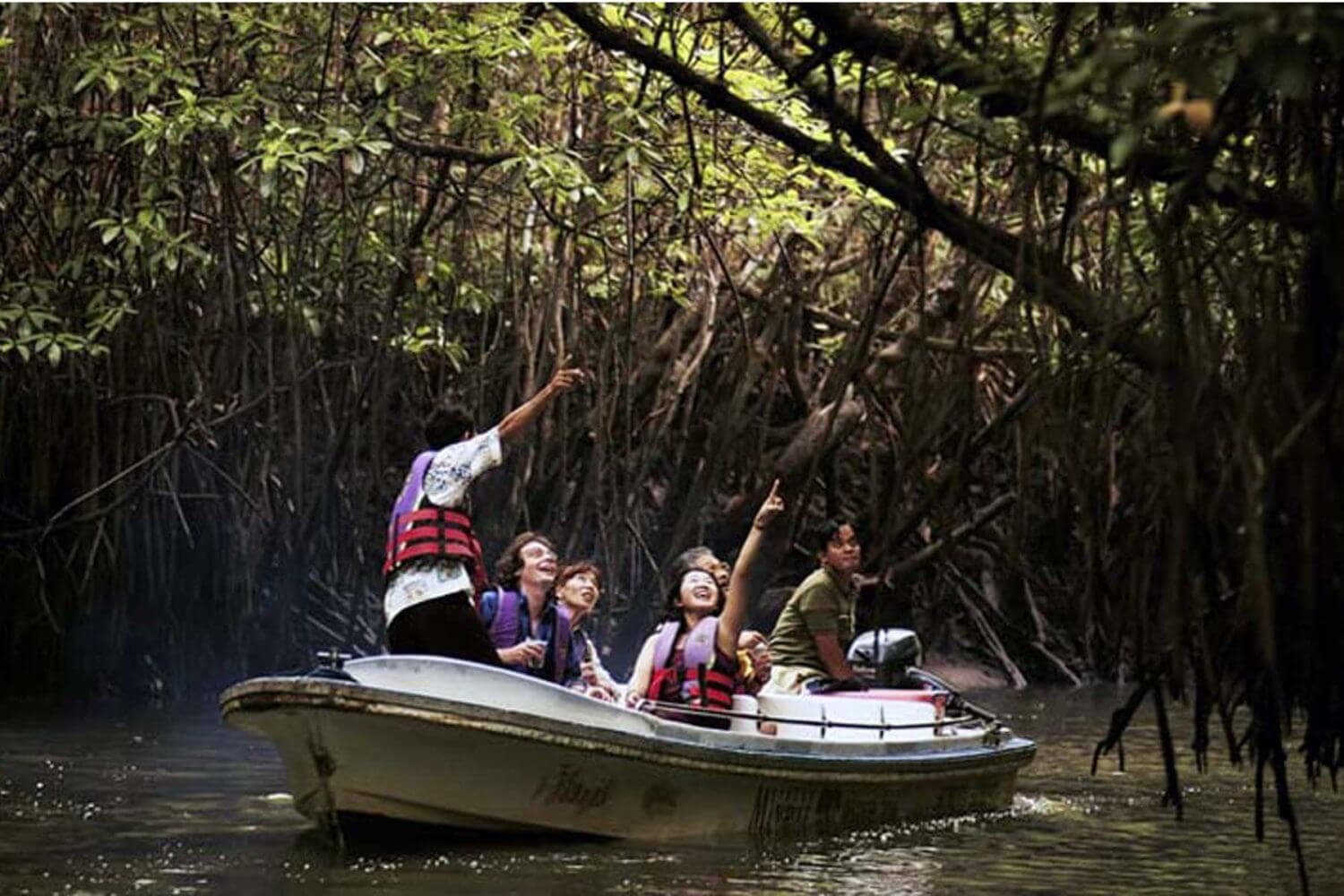 Группа туристов, исследующих мангровые леса в Бентоте, Шри-Ланка.
