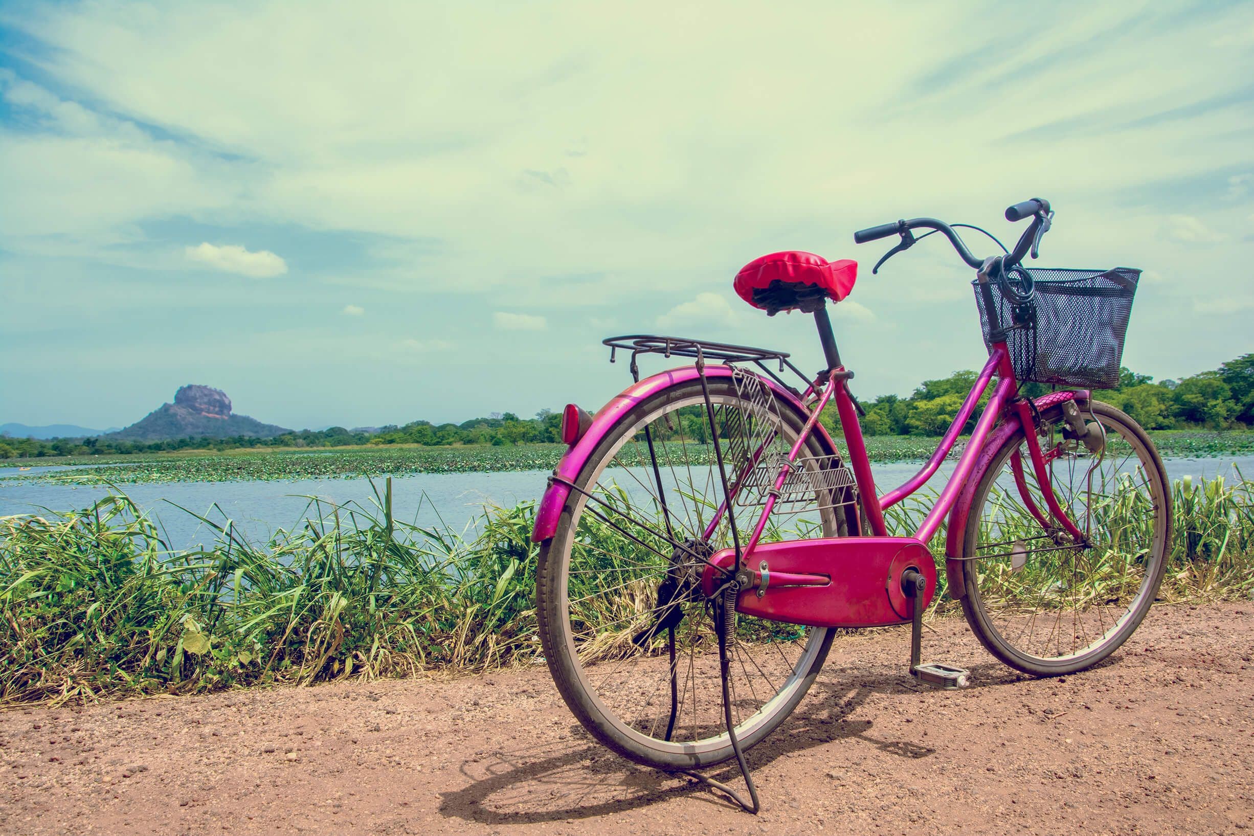 斯里兰卡锡吉里亚旅游路线中的锡吉里亚岩石、水箱和自行车景观