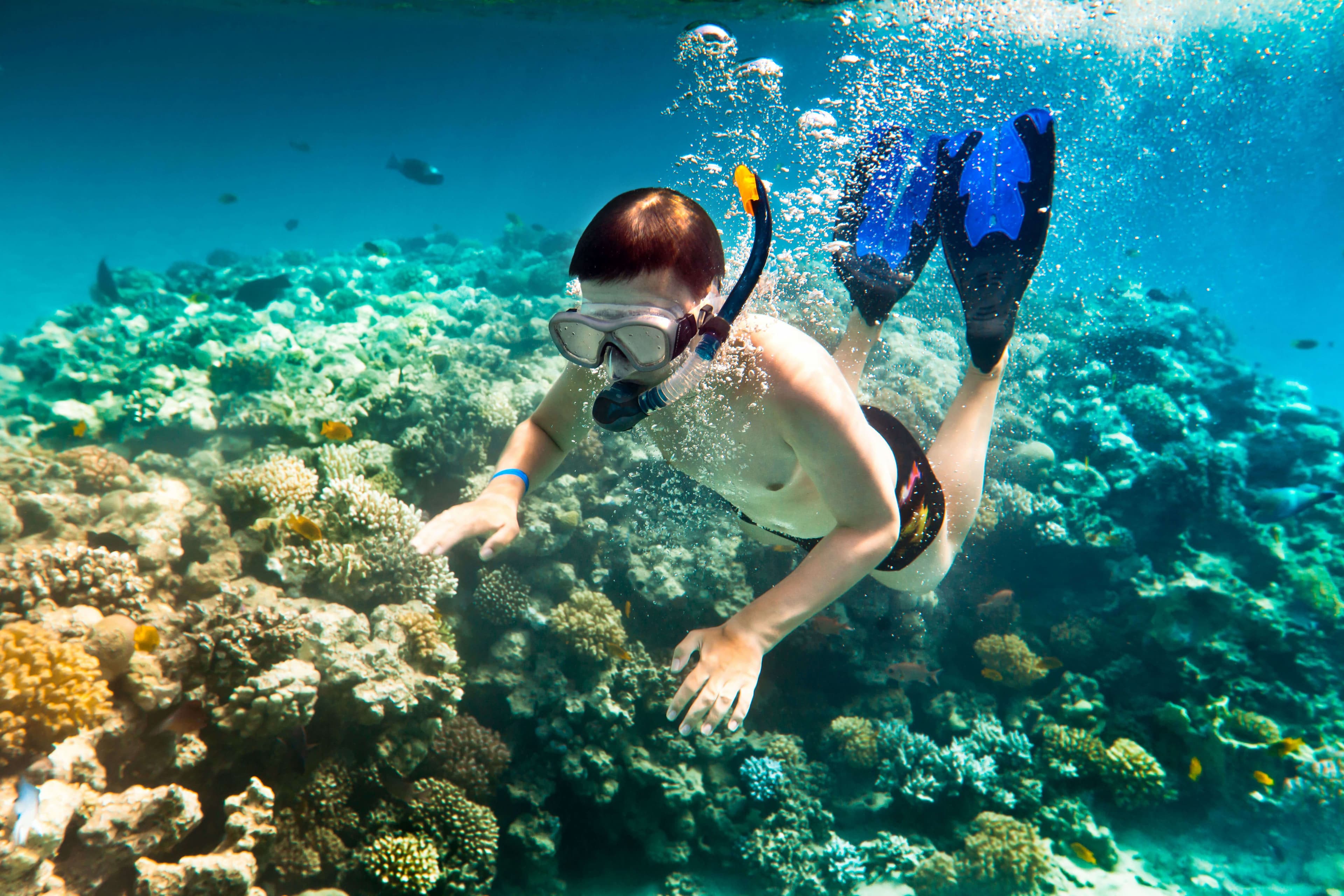 Ein Junge, der im Meer schnorchelt und wunderschöne Korallen in Tangalle Sri Lanka beobachtet