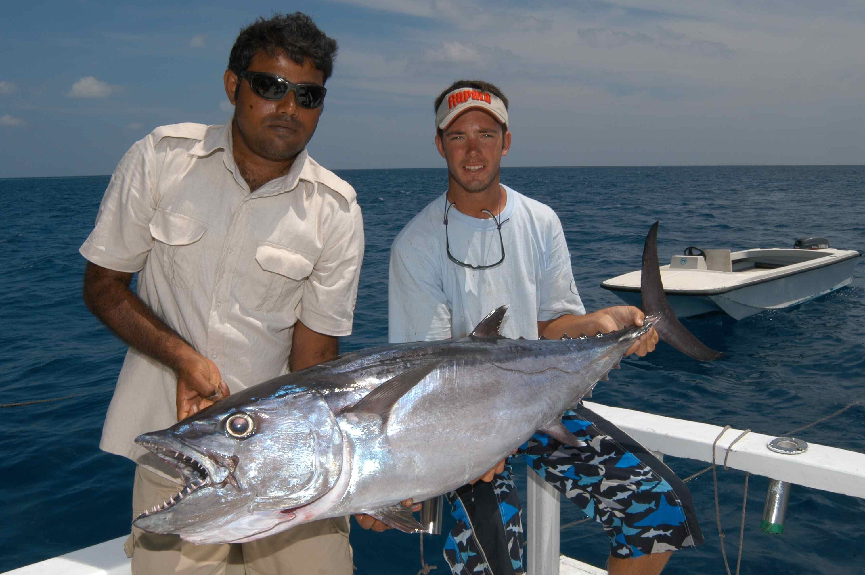 Двое мужчин ловят маленького тунца во время рыболовного тура в Мириссе, Шри-Ланка.