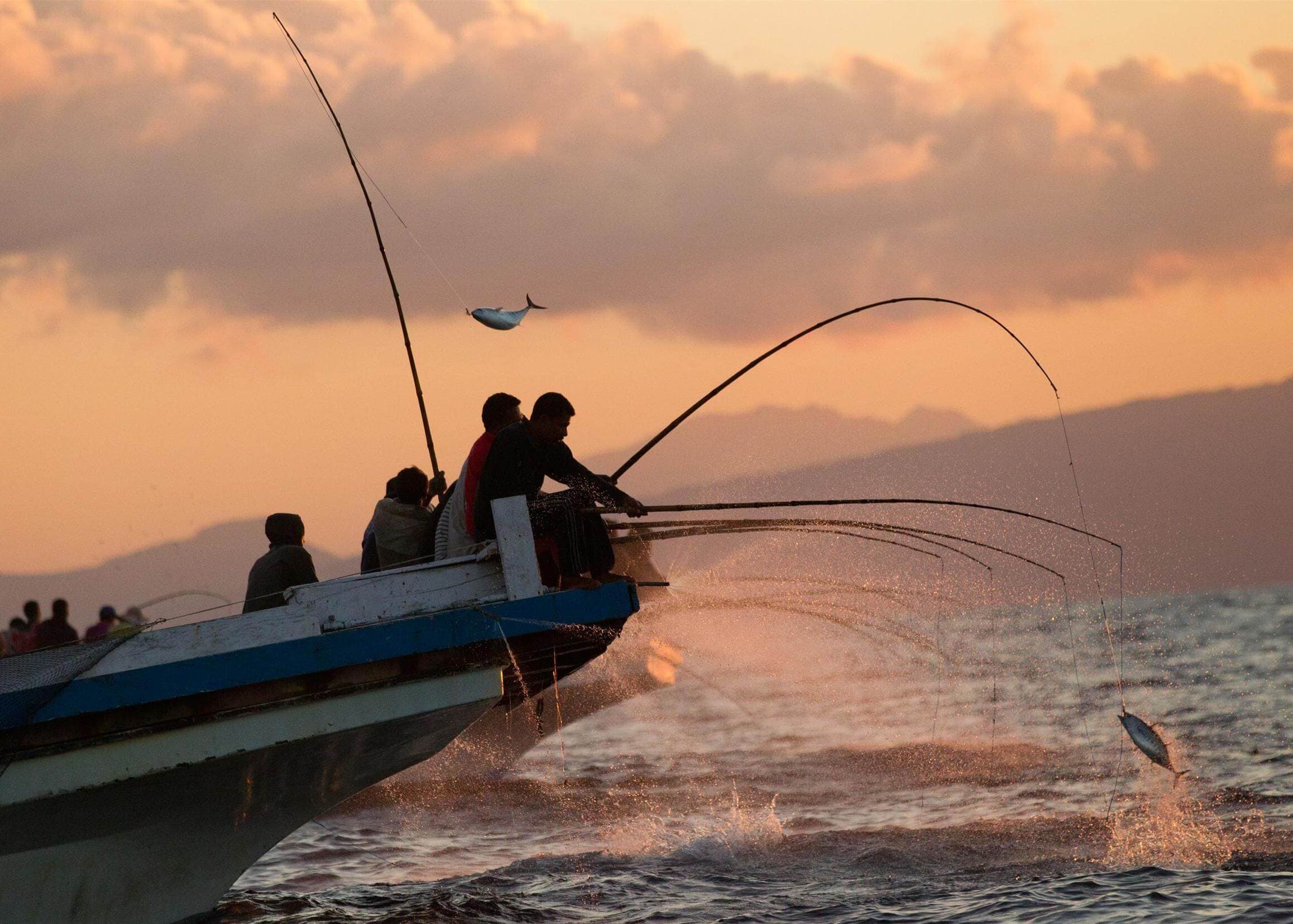 Die Fischer, die abends im Boot fischen Trincomalee Sri Lanka