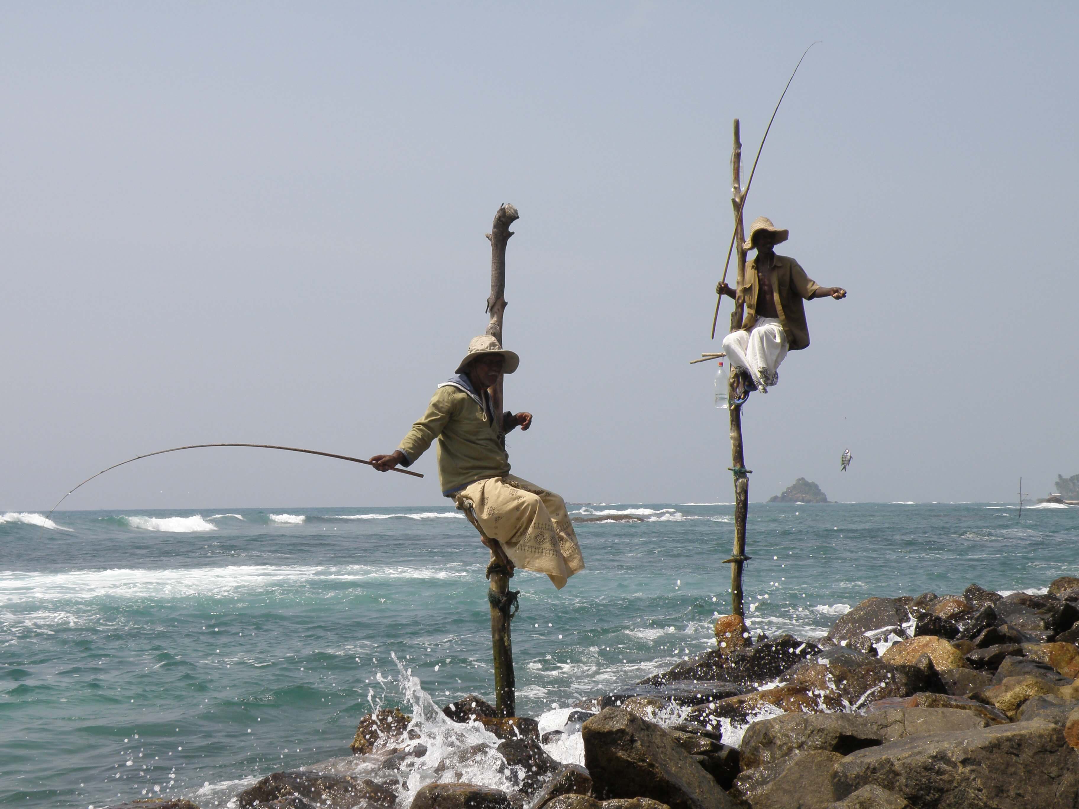 Вид на шри-ланкийских рыбаков на ходулях в море Галле в Шри-Ланке
