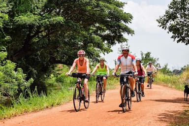 Группа велосипедистов наслаждается природой сельской местности Анурадхапуры - Шри-Ланка.