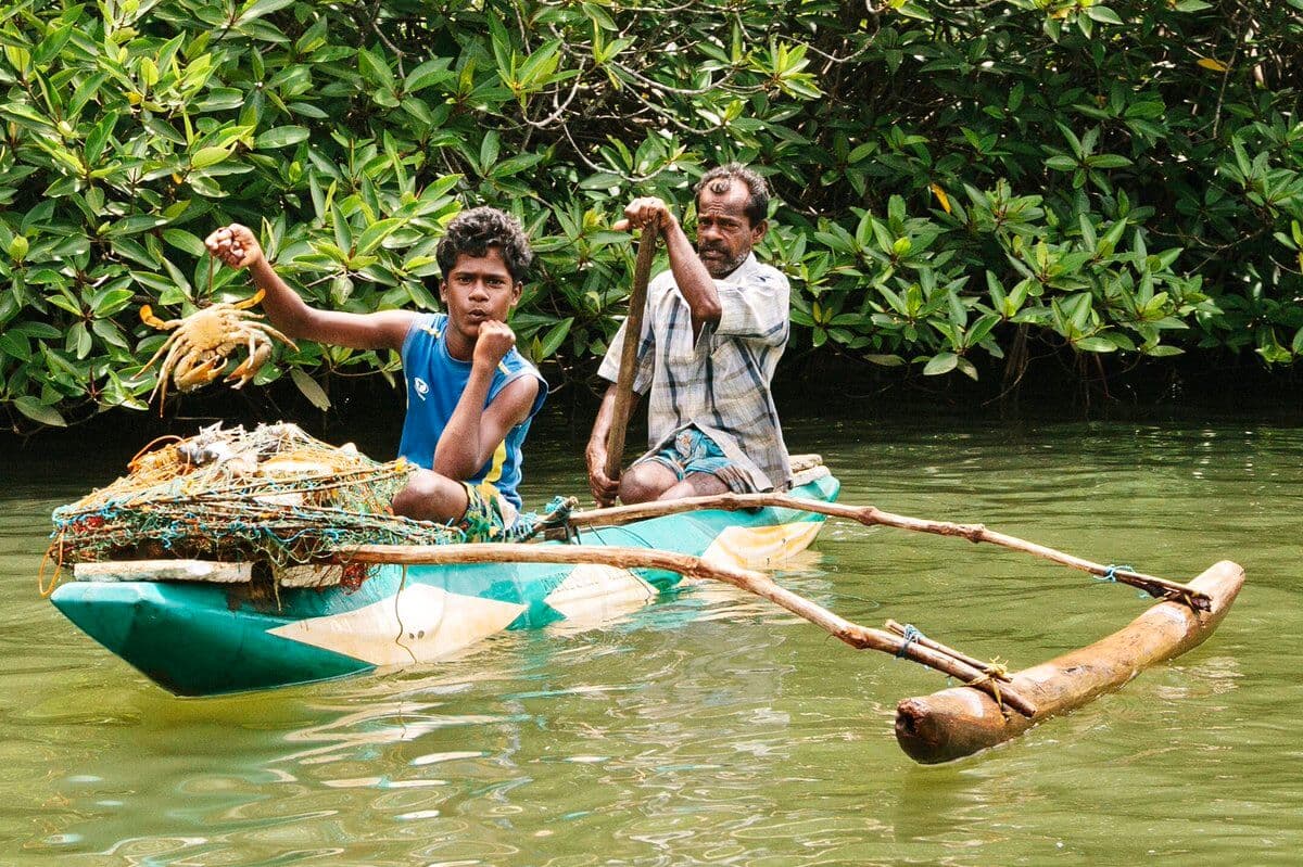 Two fishermen catch crabs in Ging River in Sri Lanka
