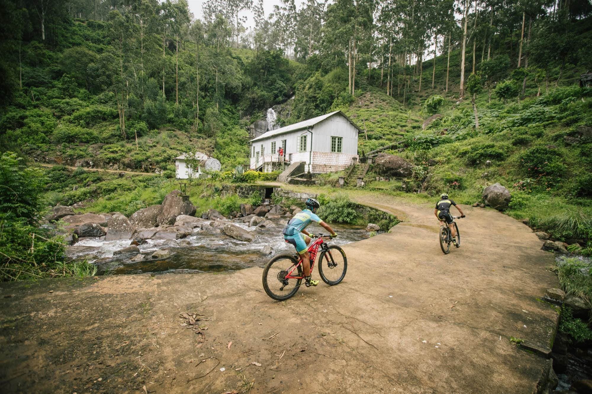 A photograph of two cyclists cycling along rural Galle area in Sri Lanka