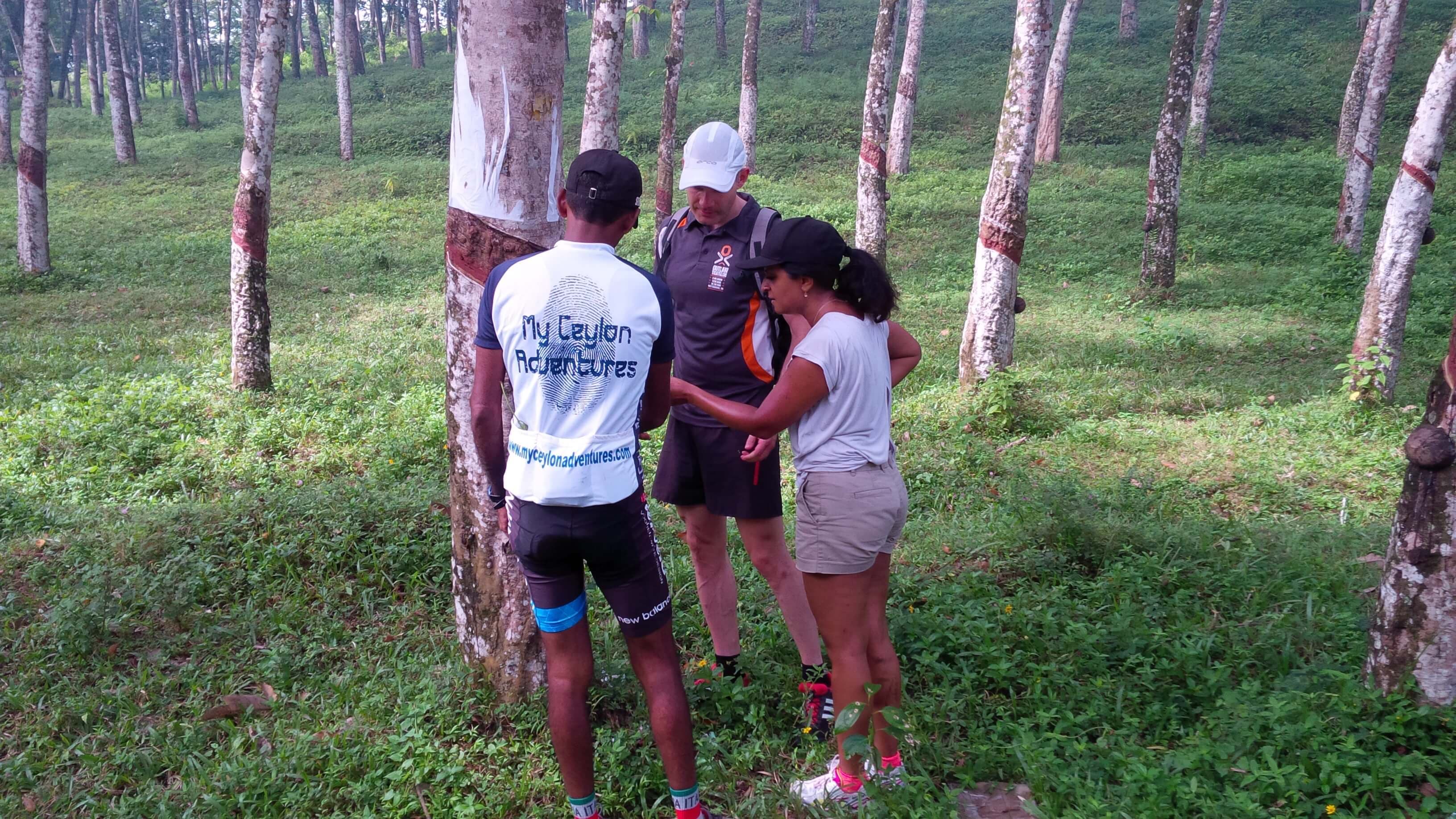 A guide explains about the natural rubber industry during cycling in Kithulgala countryside in Sri Lanka