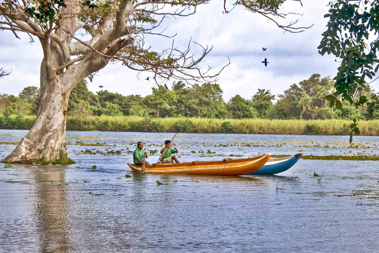 The boat riders ride their boat in calm water in Polonnaruwa Sri Lanka