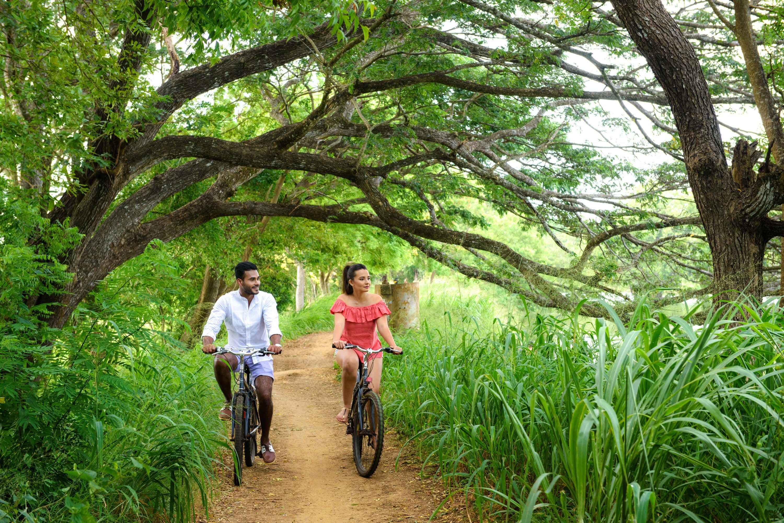 骑自行车的人在斯里兰卡锡吉里亚地区的美丽大自然中骑行