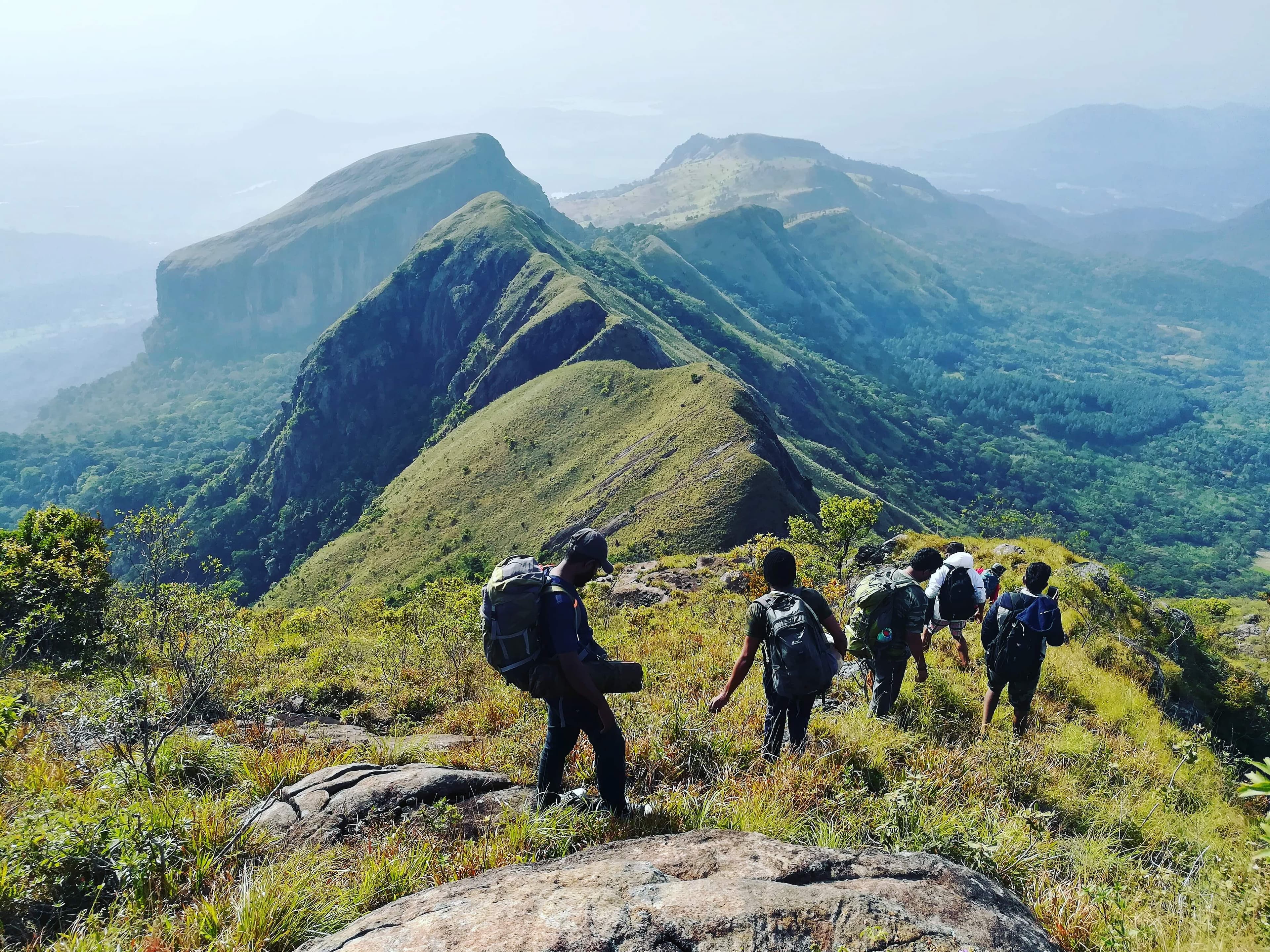 A group of tourists trekking in beautiful Knuckles mountain in Sri Lanka