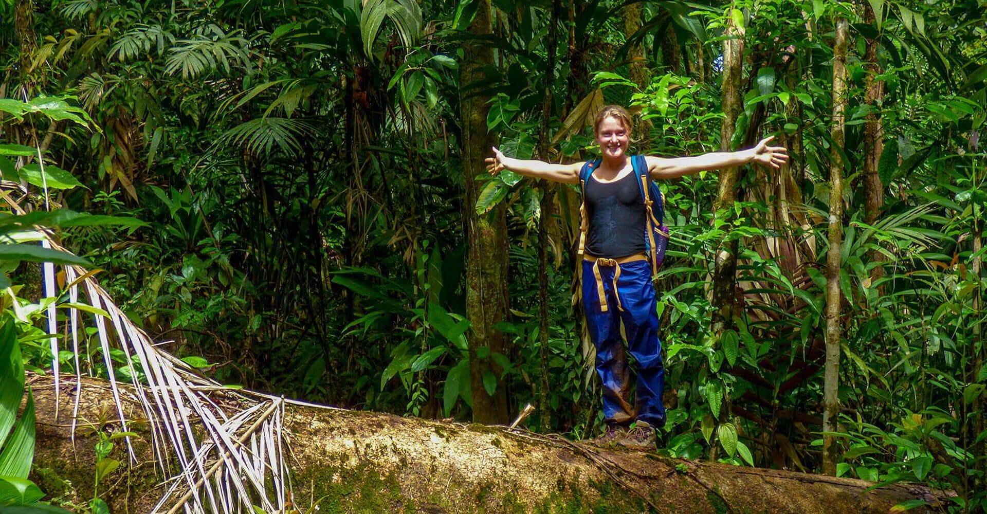 The tourist feel the freedom in beautiful nature in the Makanadawa Forest in Sri Lanka