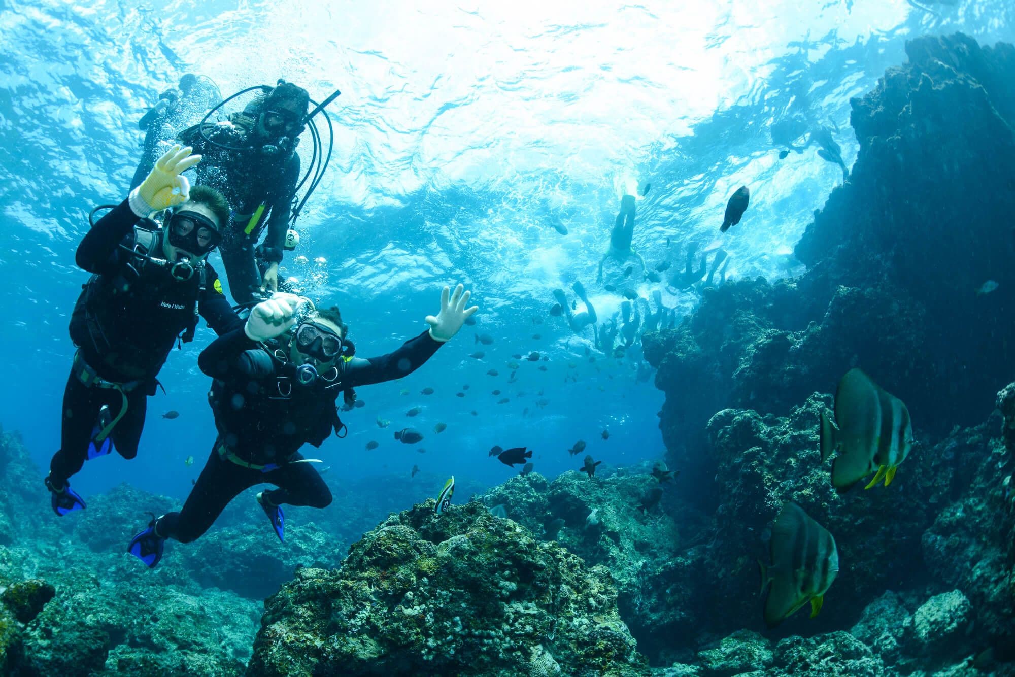 Two divers explore the deep sea in Yala Sri Lanka