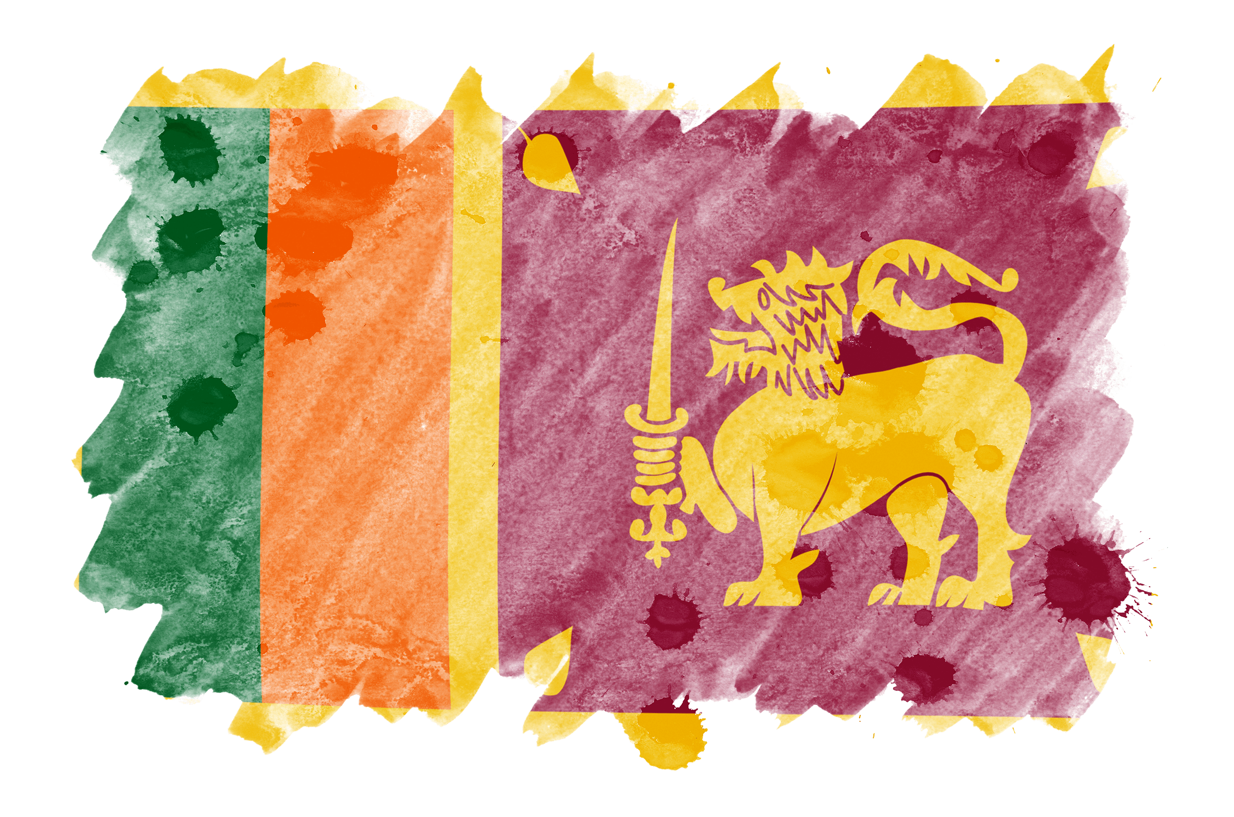 Флаг Шри-Ланки изображен в стиле жидкой акварели.