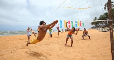 A beach volleyball match organized as a team building activity.